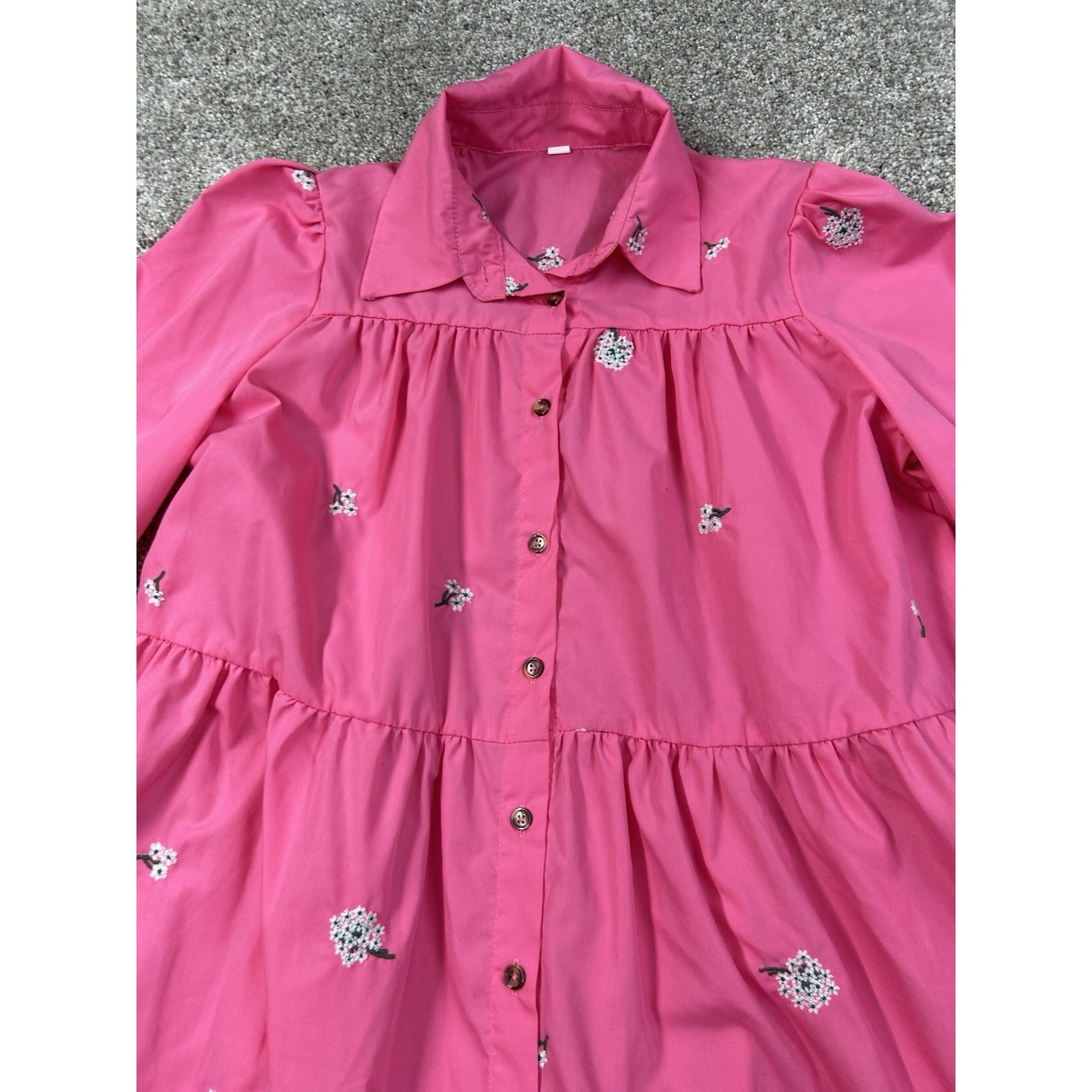 Hot Pink Embroidery Floral Daisy Printed Collared Button-Up Long Sleeve Dress Sm